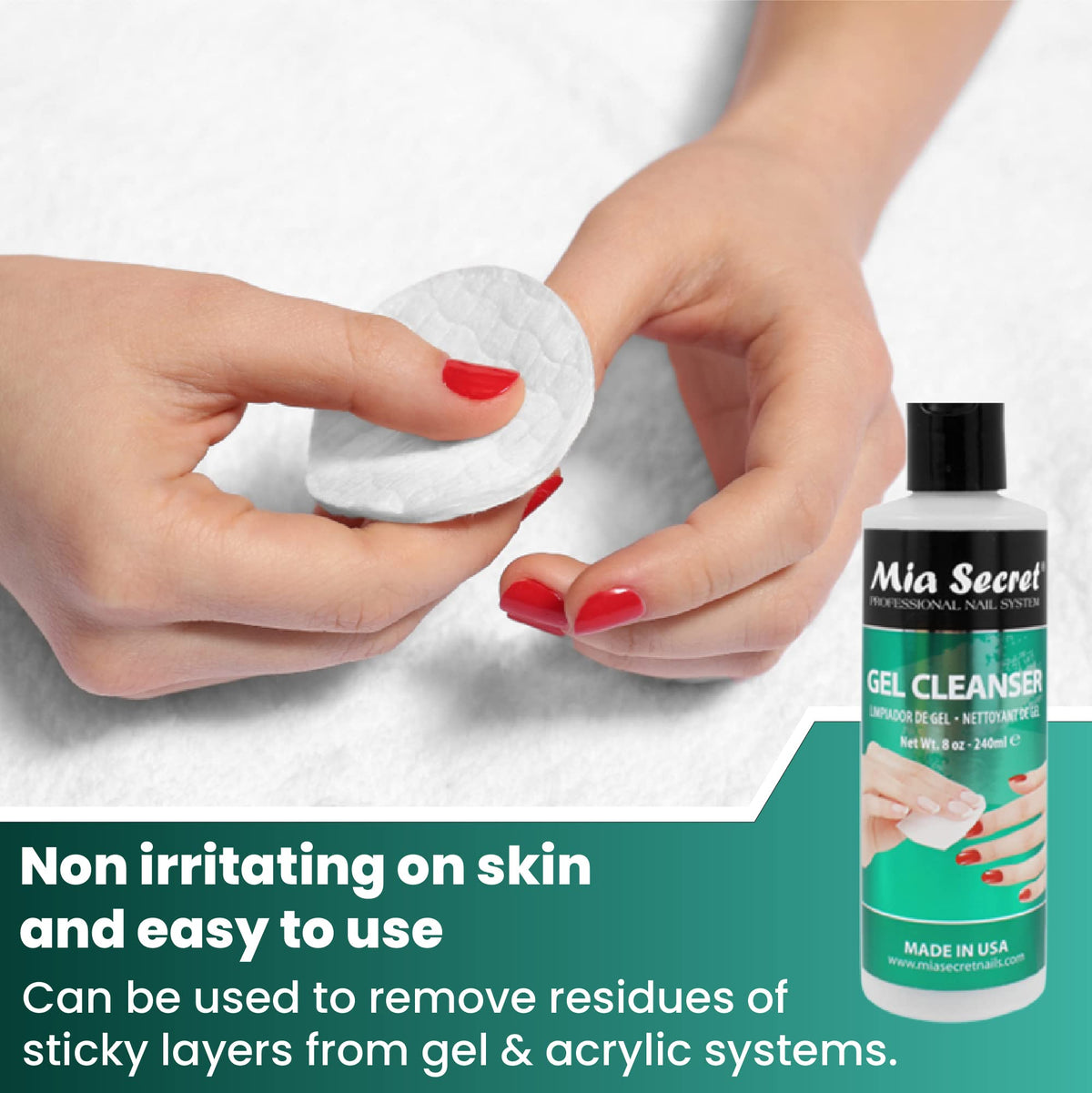 Mia Secret cleanser applied on lint-free cloth during use