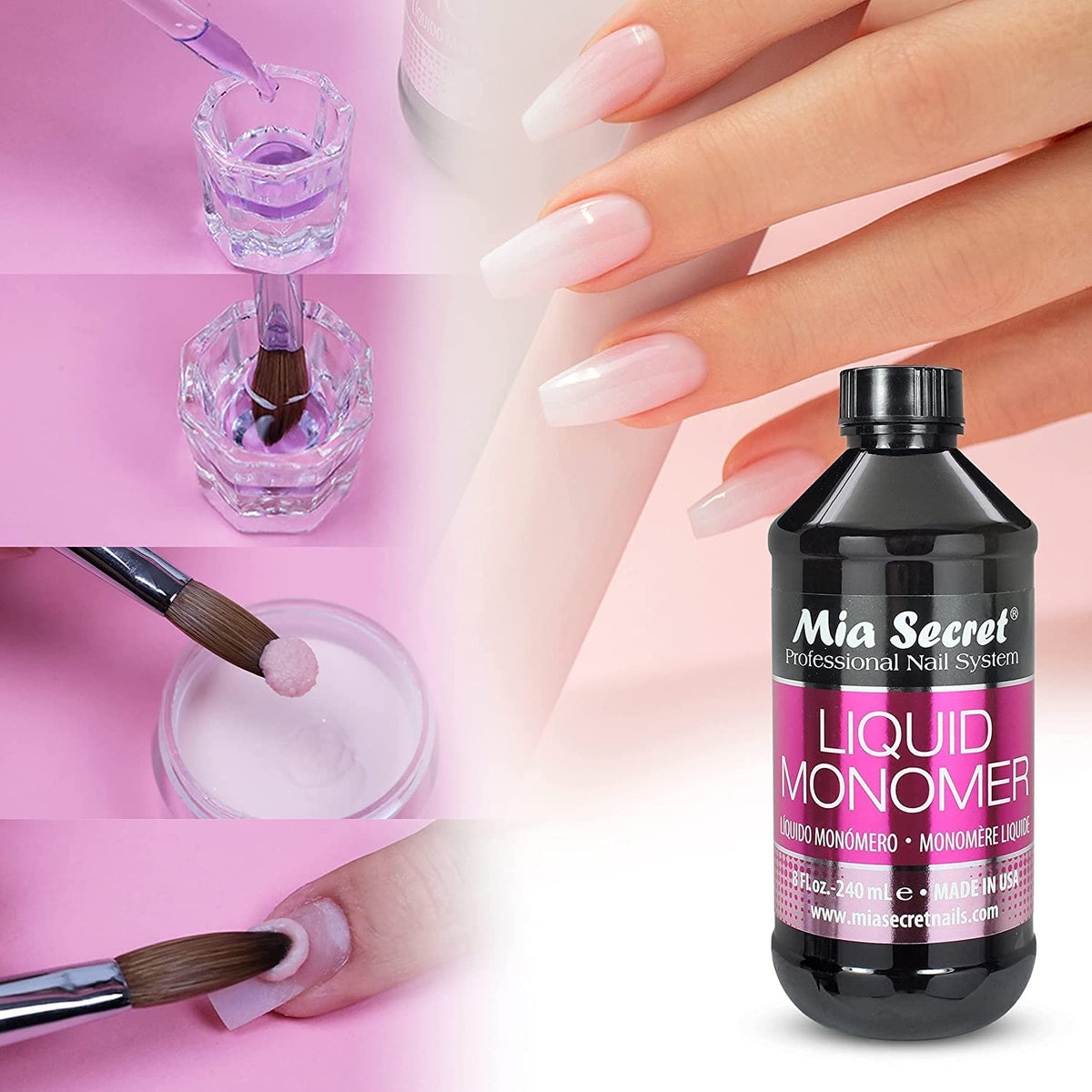 Mia Secret bottle on salon station with tools, promoting reliable salon performance