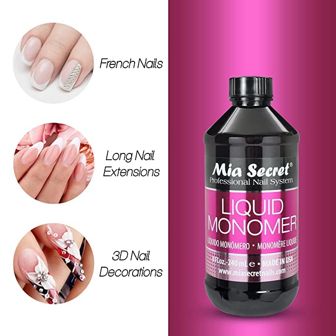 Mia Secret 8 oz bottle held next to hand for scale, indicating professional-sized supply