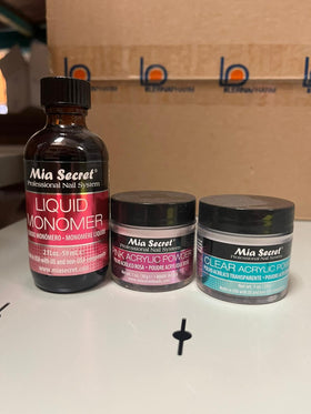 Mia Secret 2oz liquid monomer bottle close-up for controlled mixing