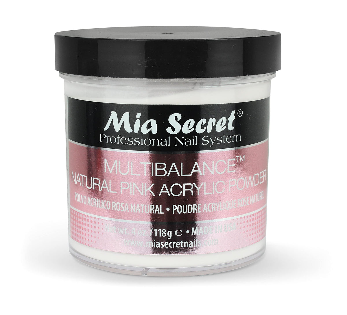Mia Secret jar front view showing Natural Pink acrylic powder and clear labeling for easy identification