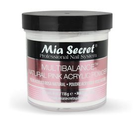 Mia Secret jar front view showing Natural Pink acrylic powder and clear labeling for easy identification