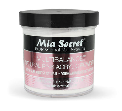 Mia Secret jar front view showing Natural Pink acrylic powder and clear labeling for easy identification