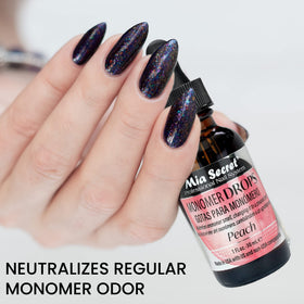 Dropper releasing peach monomer drops into liquid monomer for neutralizing odor