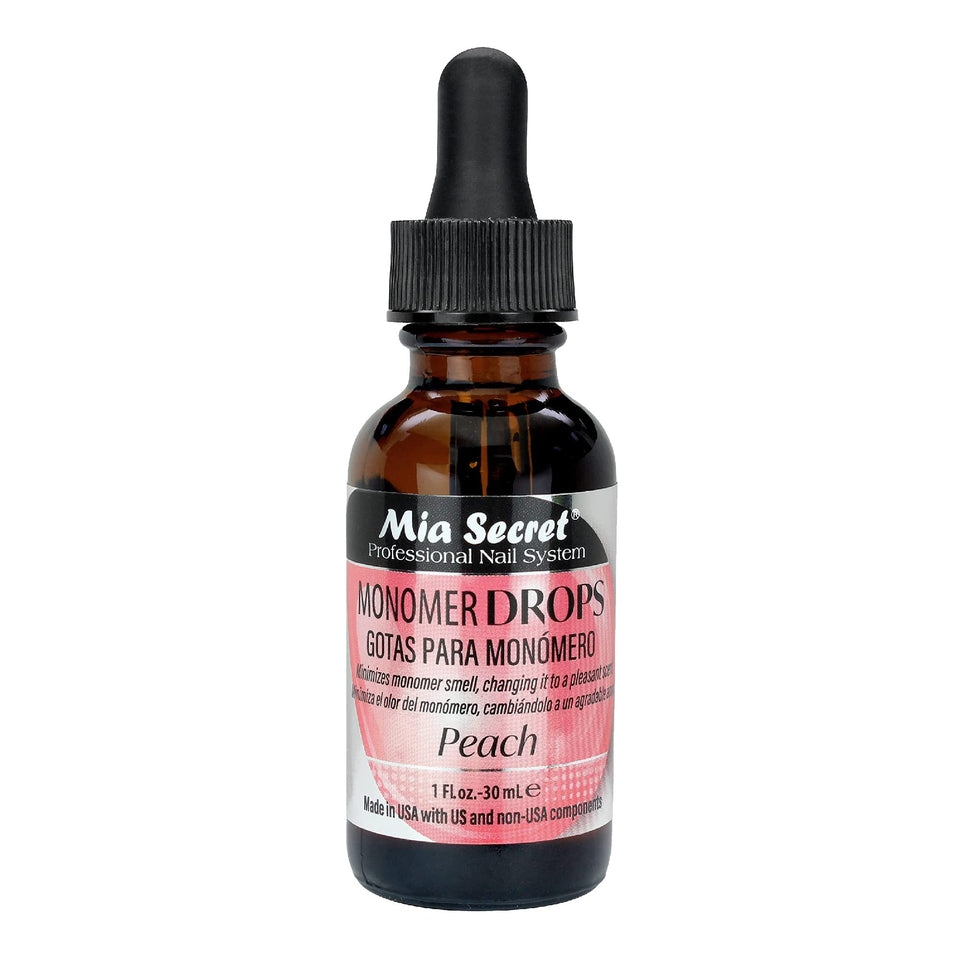Mia Secret front bottle showing peach monomer drops for odor reduction