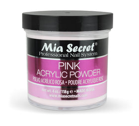 Mia Secret front jar view showing pink acrylic powder and branding for easy identification