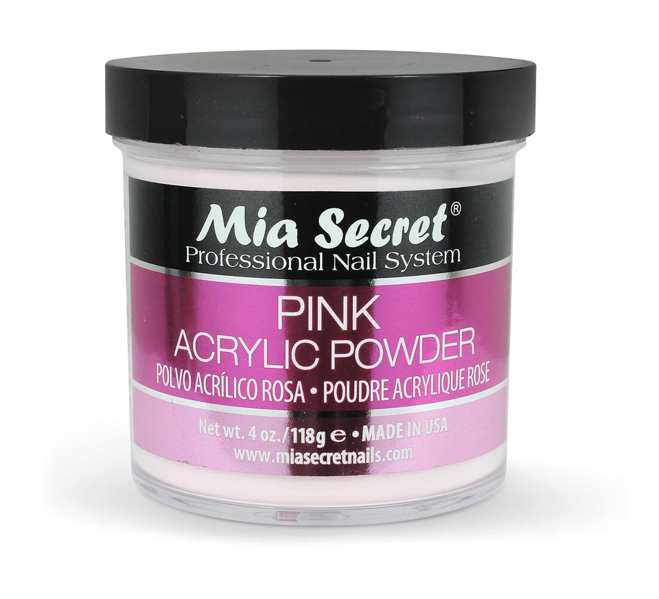 Mia Secret front jar view showing pink acrylic powder and branding for easy identification
