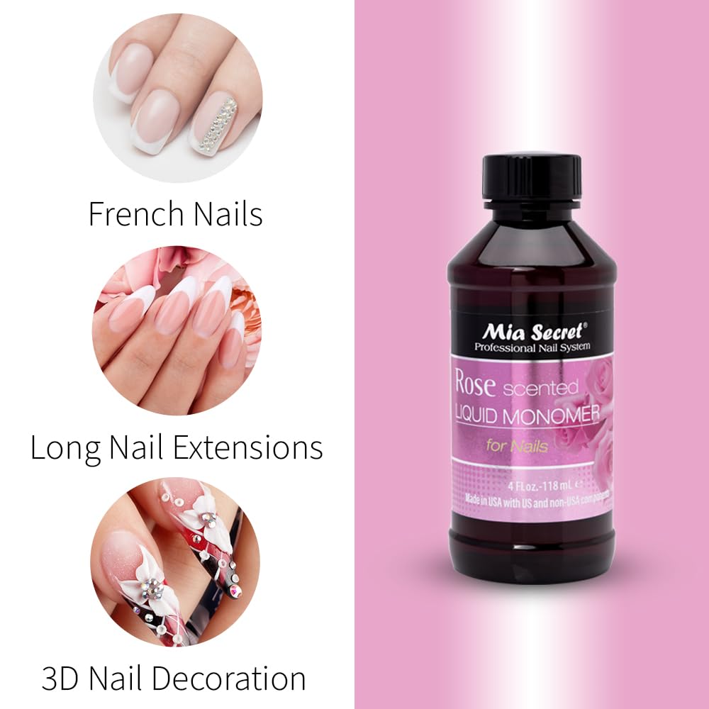 Mia Secret bottle next to acrylic powder showing compatibility and professional results
