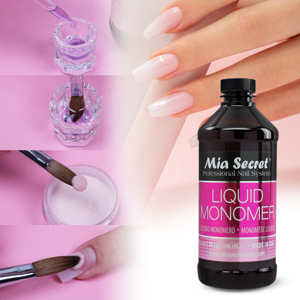 Mia Secret bottle next to measuring items showing 32 oz scale and cost-per-use benefit