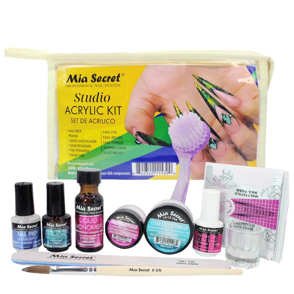 Mia Secret kit overview showing all included acrylic supplies and tools for convenience