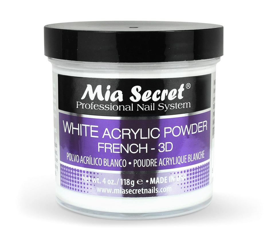 Mia Secret front bottle showing white acrylic powder and clear labeling benefit durability