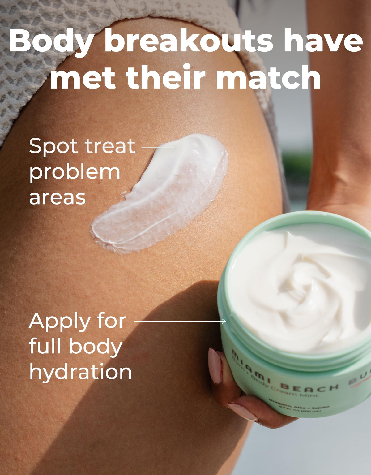Miami Beach Bum applied to shaved skin on hand to soothe and hydrate benefit