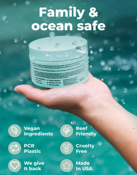Miami Beach Bum label closeup showing reef-friendly and cleaner standards benefit