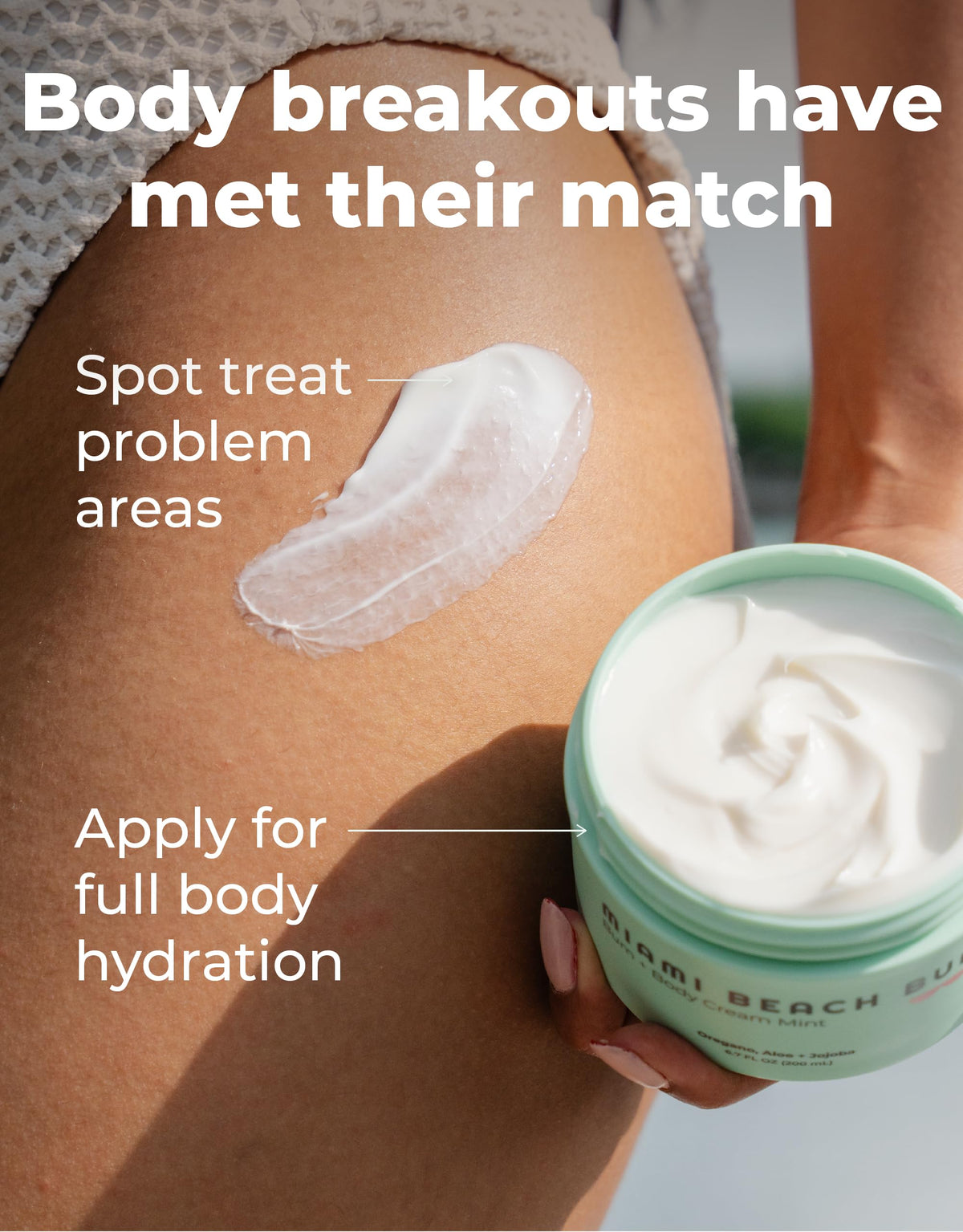 Miami Beach Bum label and ingredients list showing oregano, aloe, and jojoba benefit