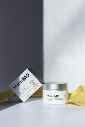 MiamiMD model applying cream to face showing visible smoothing benefit
