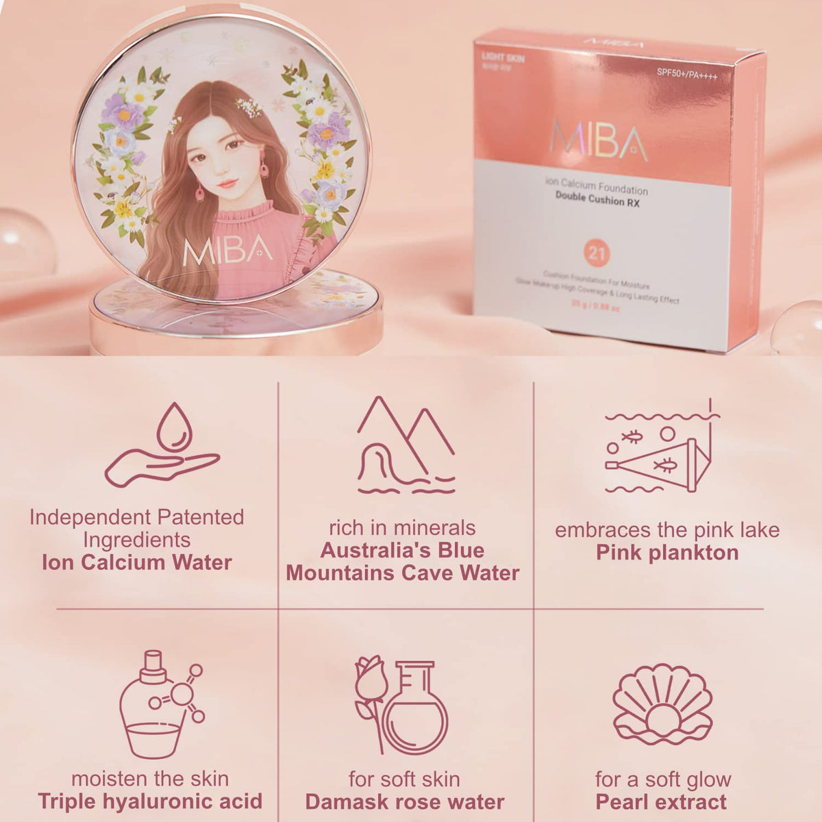 MIBA ingredient display with ionized calcium water emphasizing nourishment