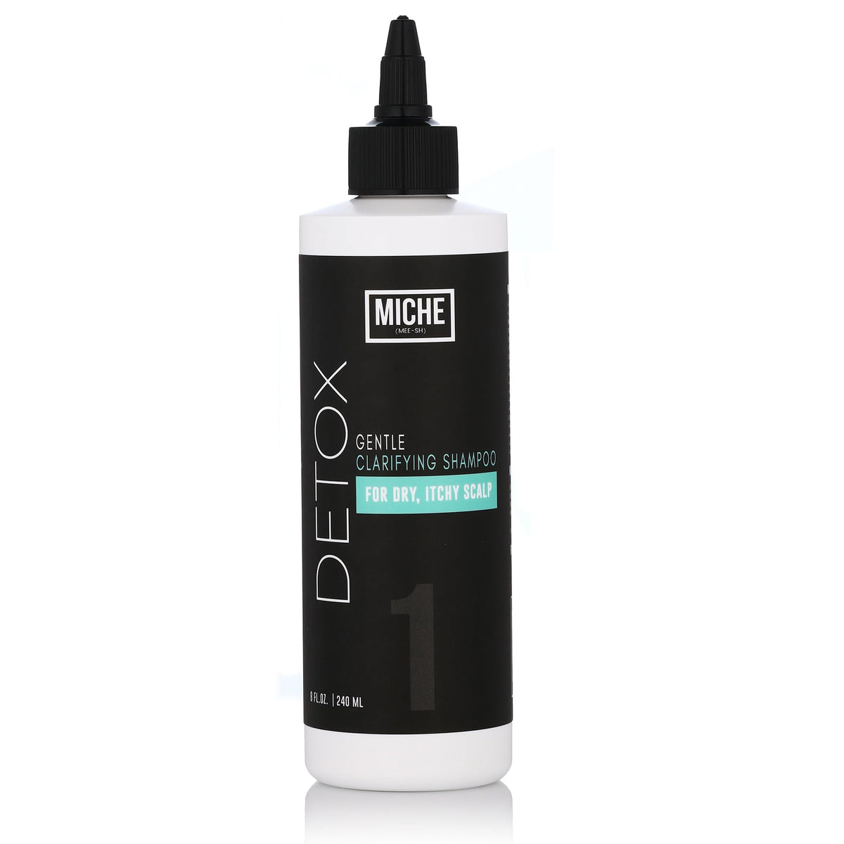 Miche Beauty front bottle on white, clear label and calming benefit