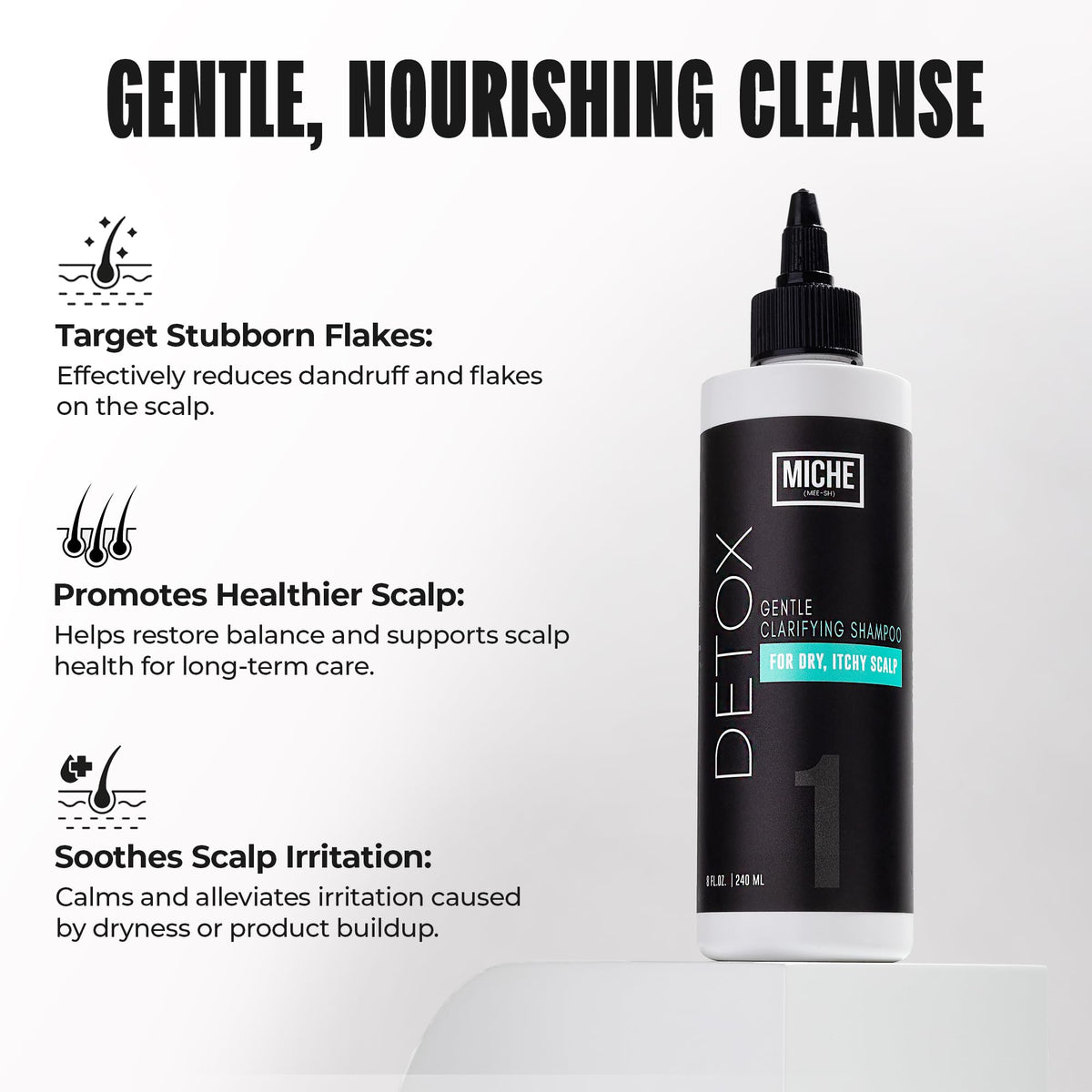 Miche Beauty shampoo pouring, showing texture and gentle cleansing benefit
