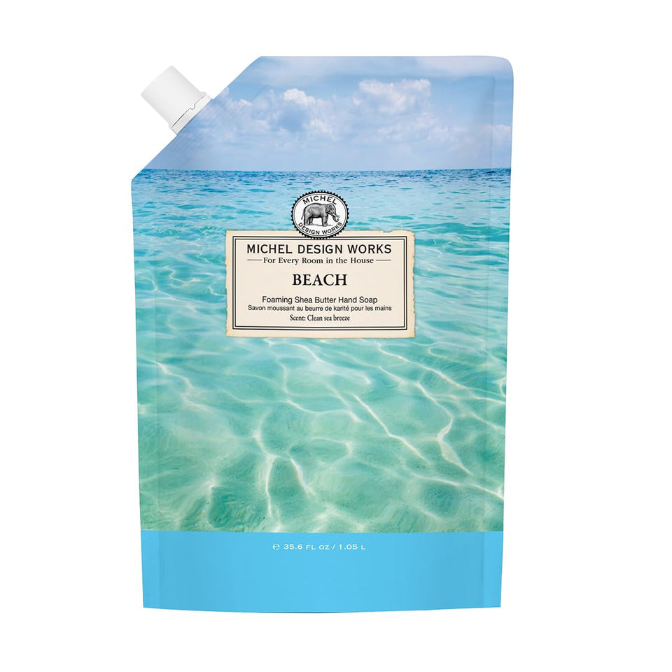 Michel Design Works front packaging showing beach refill and elegant label, attractive refill benefit