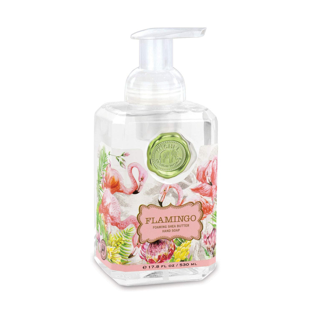 Michel Design Works front bottle showing flamingo label and decorative packaging benefit