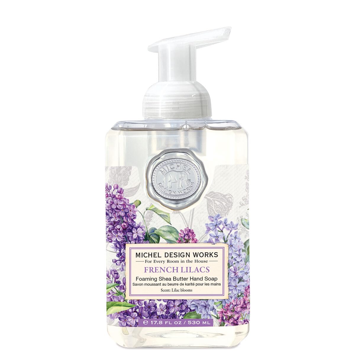 Michel Design Works front pump bottle showing elegant square container and easy dispensing benefit
