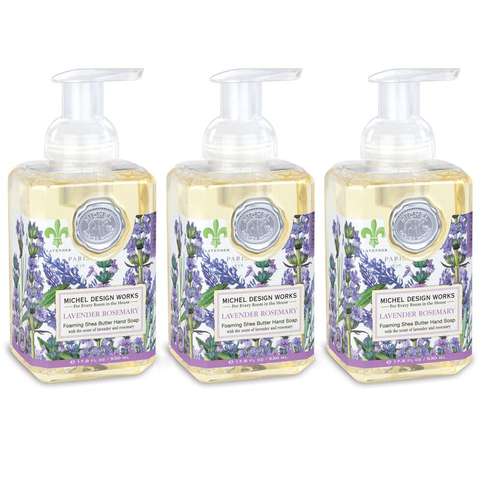 Michel Design Works front packaging showing three square dispenser bottles and labels, elegant gift appeal
