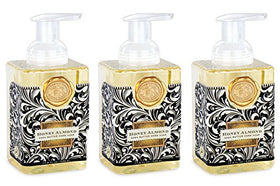 Michel Design Works front view of decorative dispenser showing label and medallion benefit: stylish countertop display