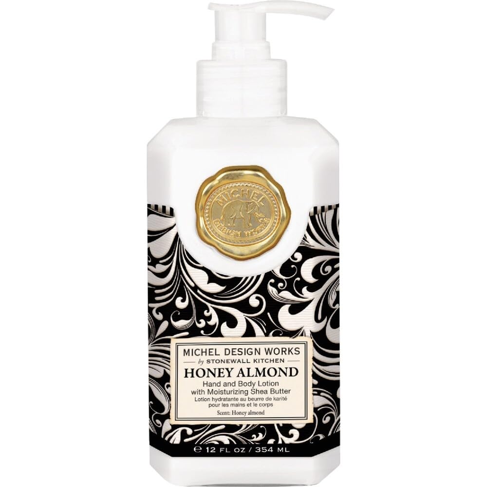 Michel Design Works honey almond lotion front packaging showing bottle and hydrating benefit