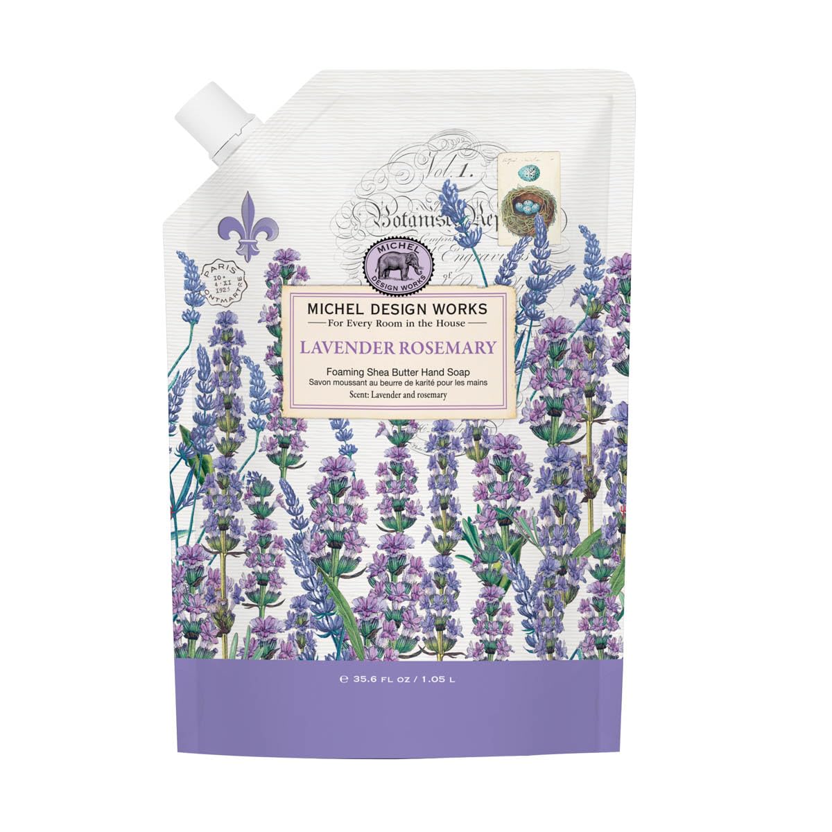 Michel Design Works refill pouch front view showing label and scent benefit
