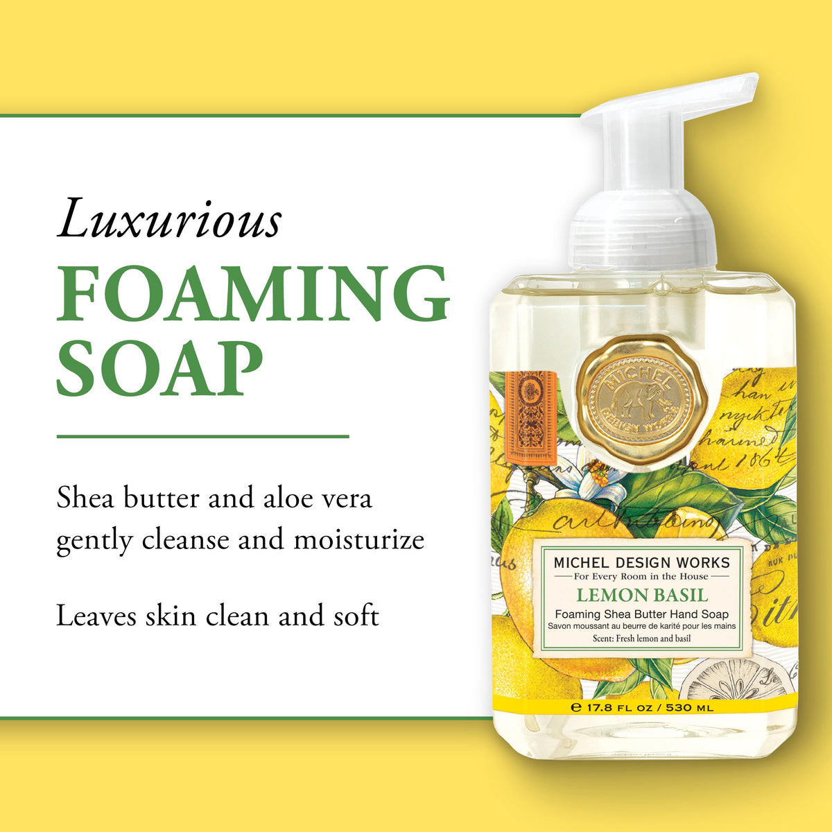 Michel Design Works foam texture on hand demonstrating gentle cleansing action