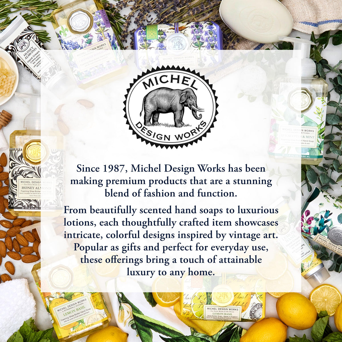 Michel Design Works ingredients list detail emphasizing aloe and shea butter moisturizing benefit