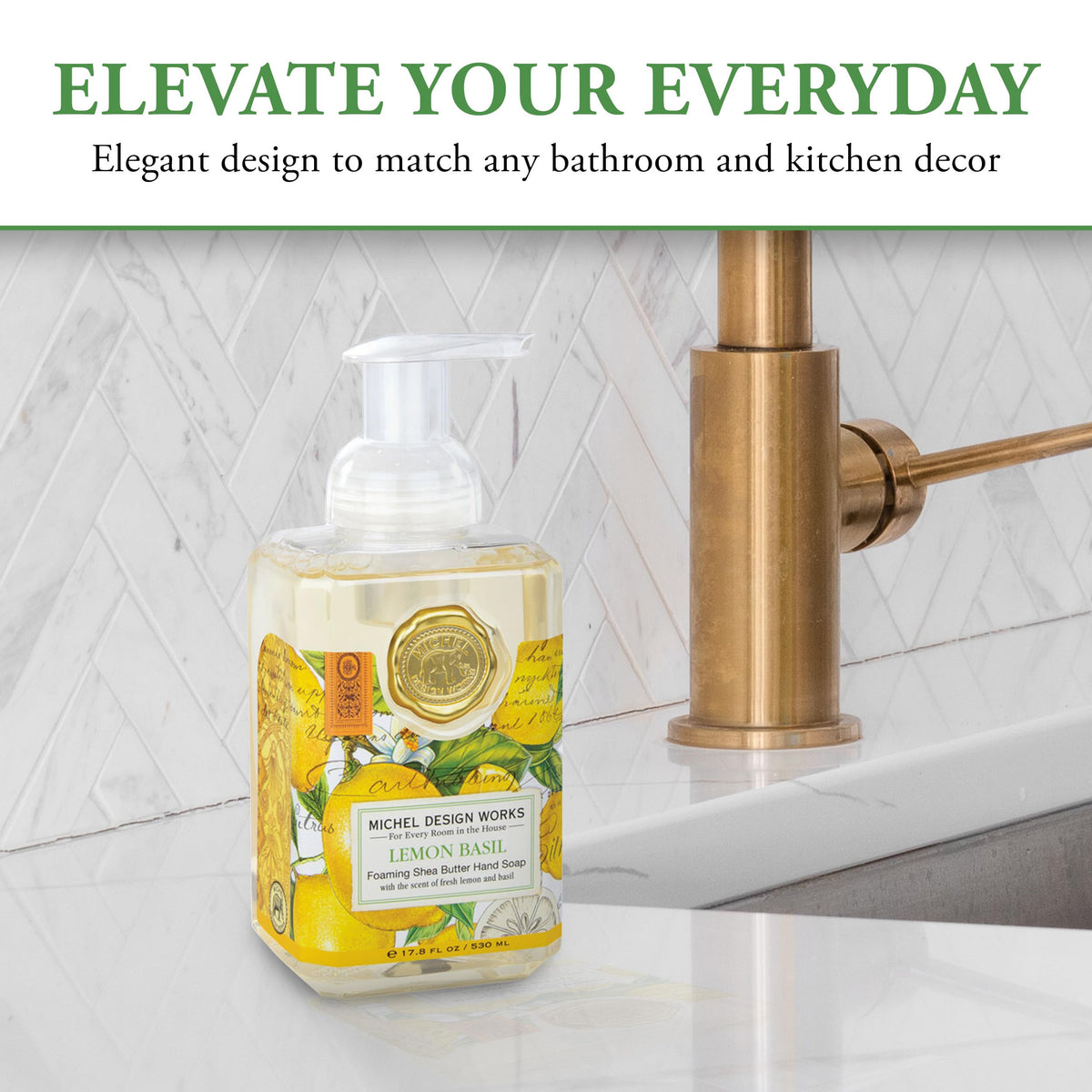 Michel Design Works label detail highlighting lemon basil scent and decorative medallion