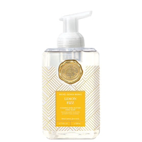 Michel Design Works square bottle front view showing label and citrus design, enhances sink decor