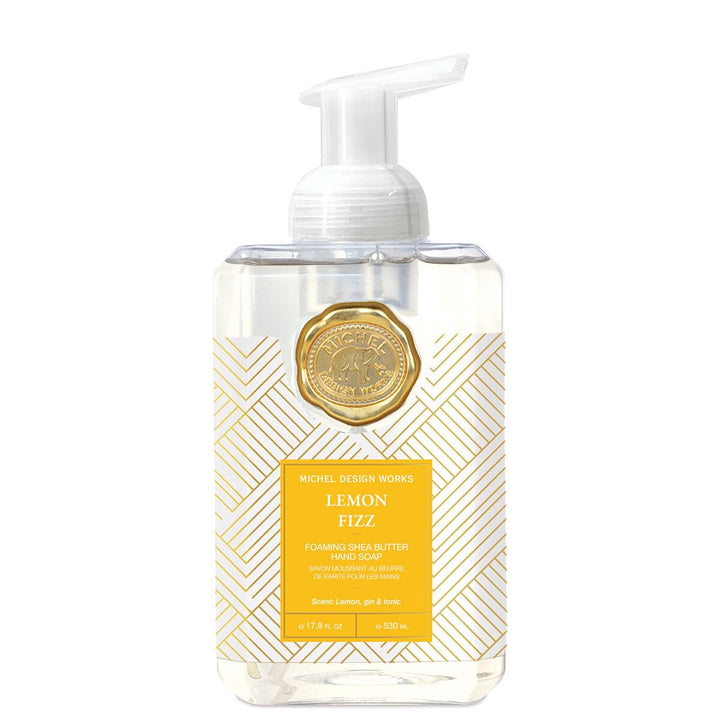 Michel Design Works square bottle front view showing label and citrus design, enhances sink decor