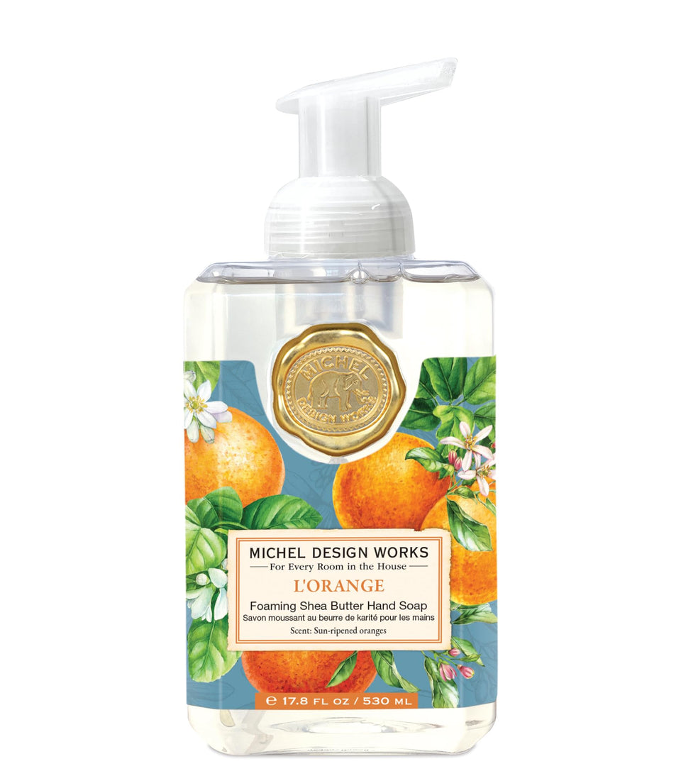 Michel Design Works foaming hand soap dispenser front view, elegant citrus bottle