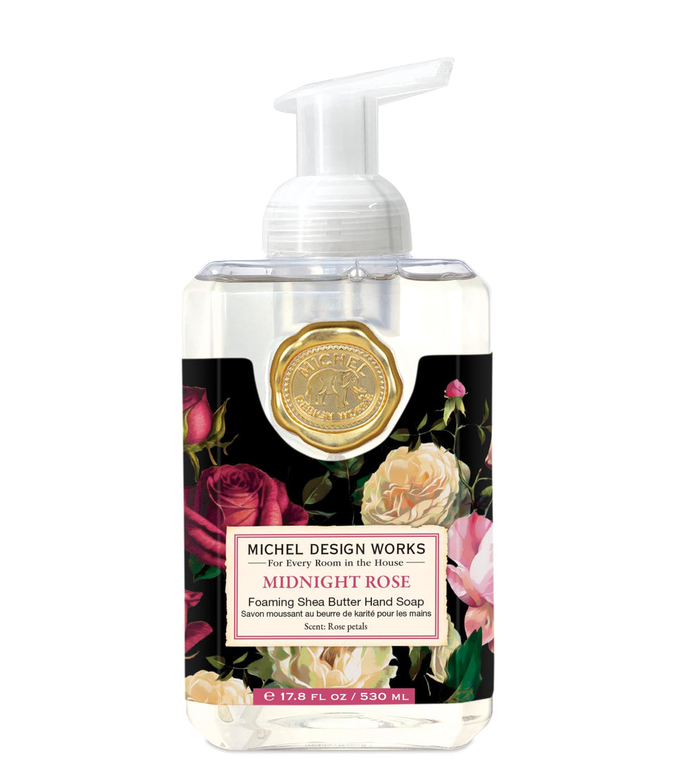 Michel Design Works front dispenser showing midnight rose packaging and stylish sink benefit