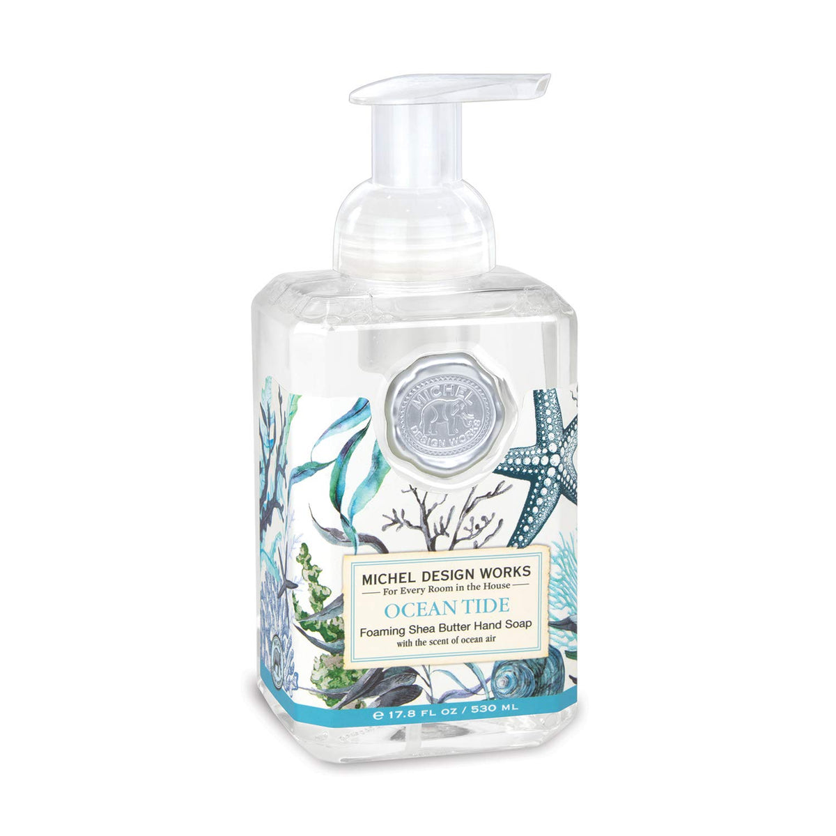 Michel Design Works front bottle showing Ocean Tide scent and decorative label, enhances sink decor