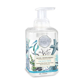 Michel Design Works front bottle showing Ocean Tide scent and decorative label, enhances sink decor