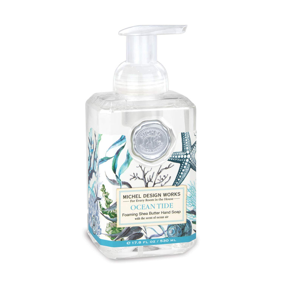 Michel Design Works front bottle showing Ocean Tide scent and decorative label, enhances sink decor