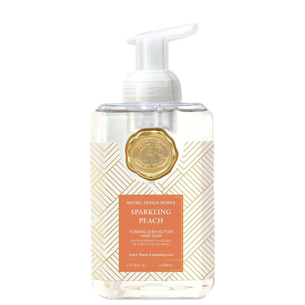 Michel Design Works front view of Sparkling Peach square pump bottle showing label and design for style