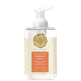 Michel Design Works front view of Sparkling Peach square pump bottle showing label and design for style
