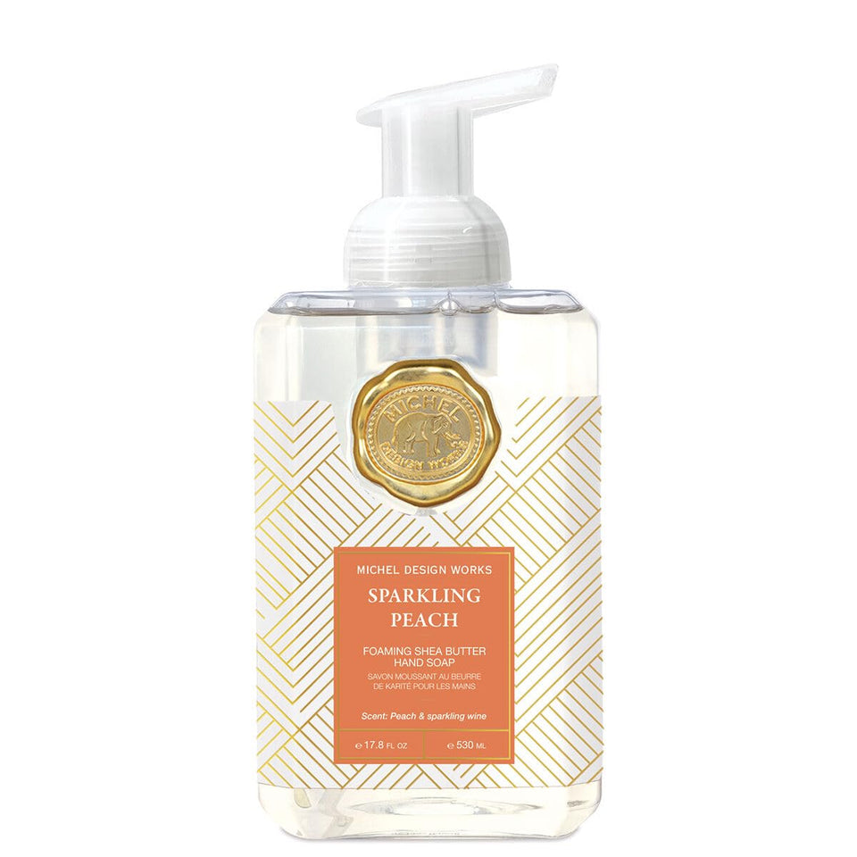 Michel Design Works front view of Sparkling Peach square pump bottle showing label and design for style