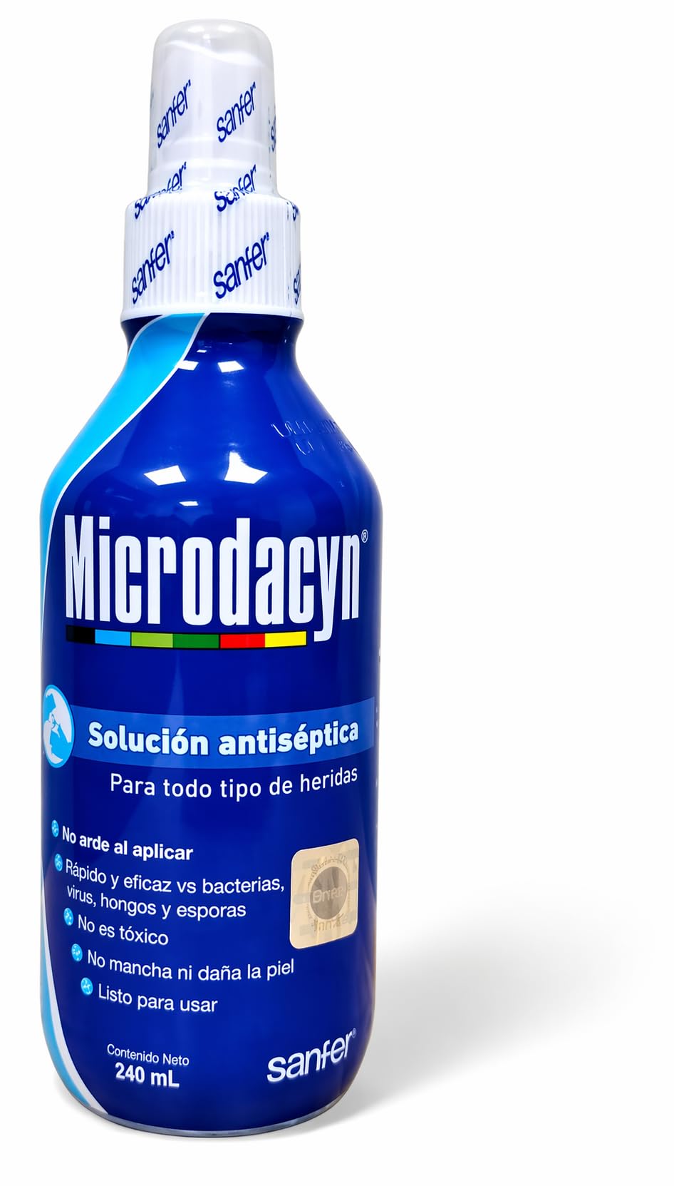 Generic Microdacýn front spray bottle showing label and easy-grip design for quick cleansing
