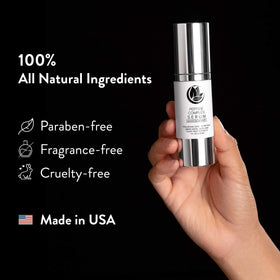 Microderm GLO bottle next to ruler showing 1 oz scale and travel-friendly benefit