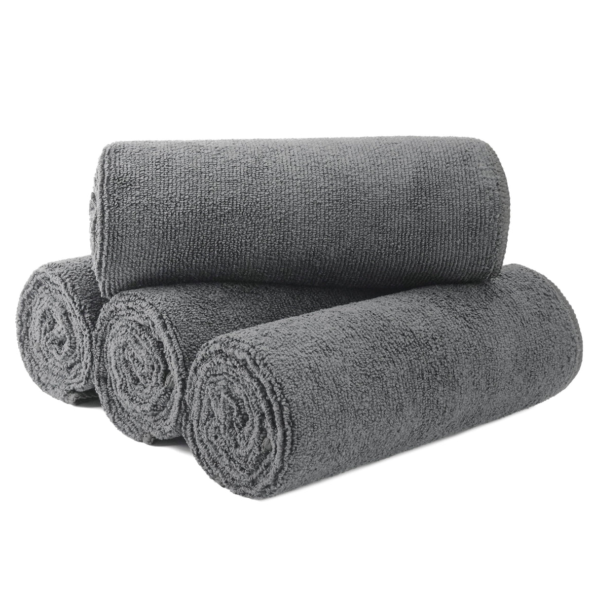 MICROFI front packaging of four gray towels showing size and pack benefit