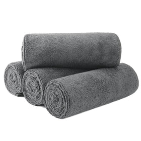 MICROFI front packaging of four gray towels showing size and pack benefit