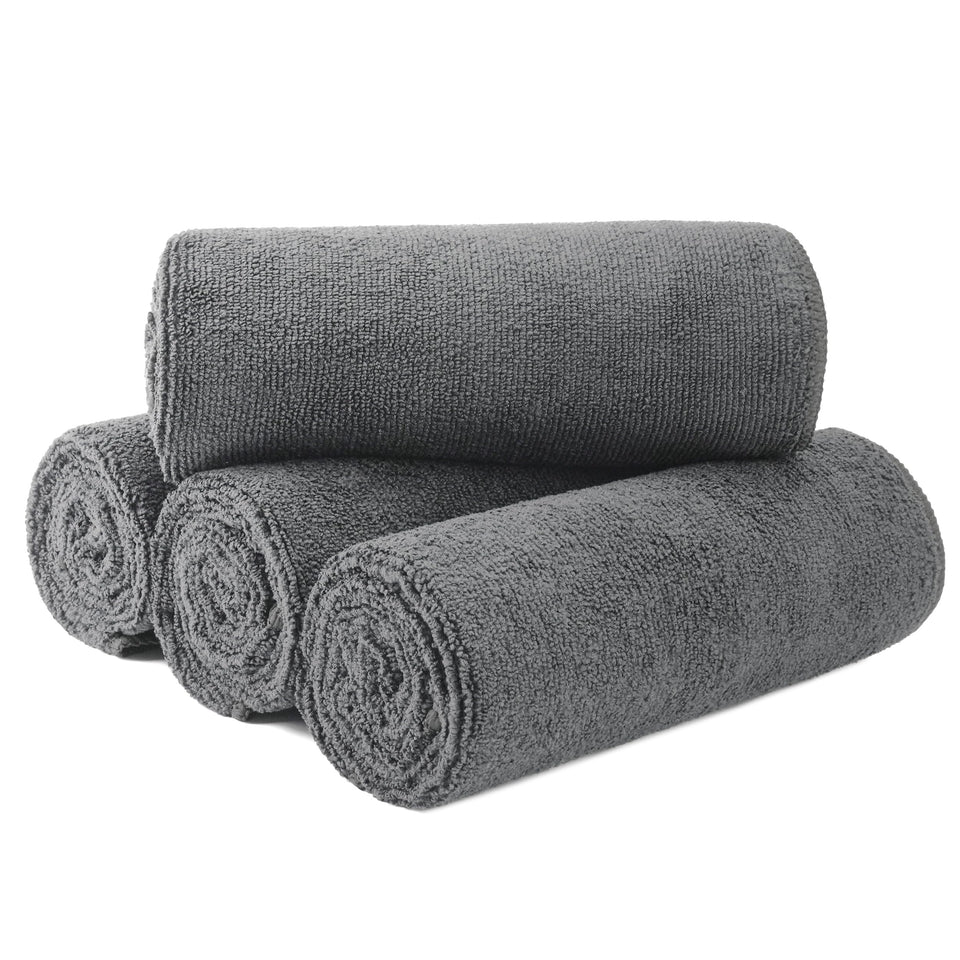 MICROFI front packaging of four gray towels showing size and pack benefit