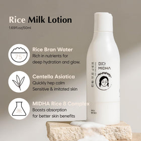 MIDHA close-up of ingredient label, highlights rice water and Derma-CLERA