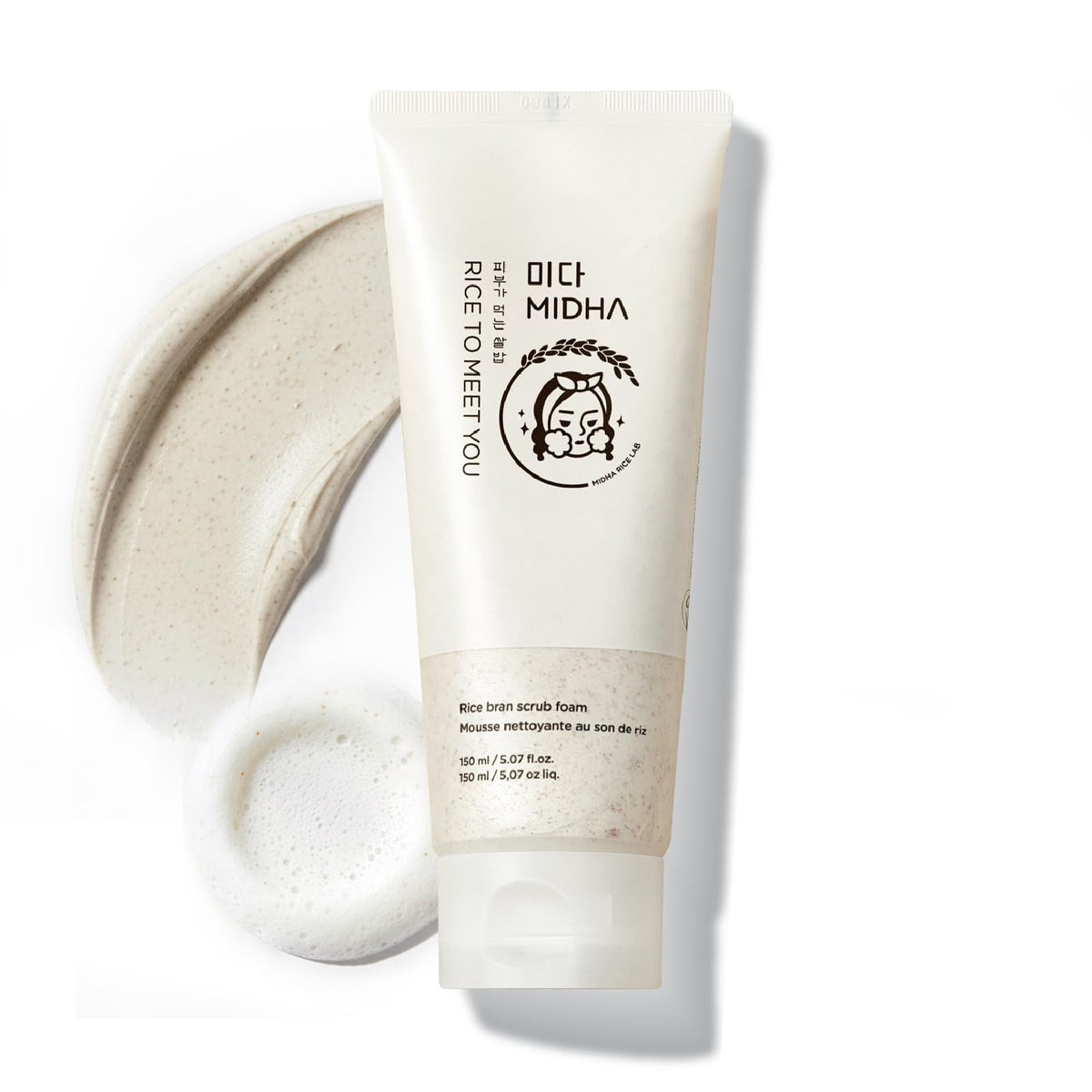 MIDHA front packaging showing rice bran scrub foam for gentle cleansing