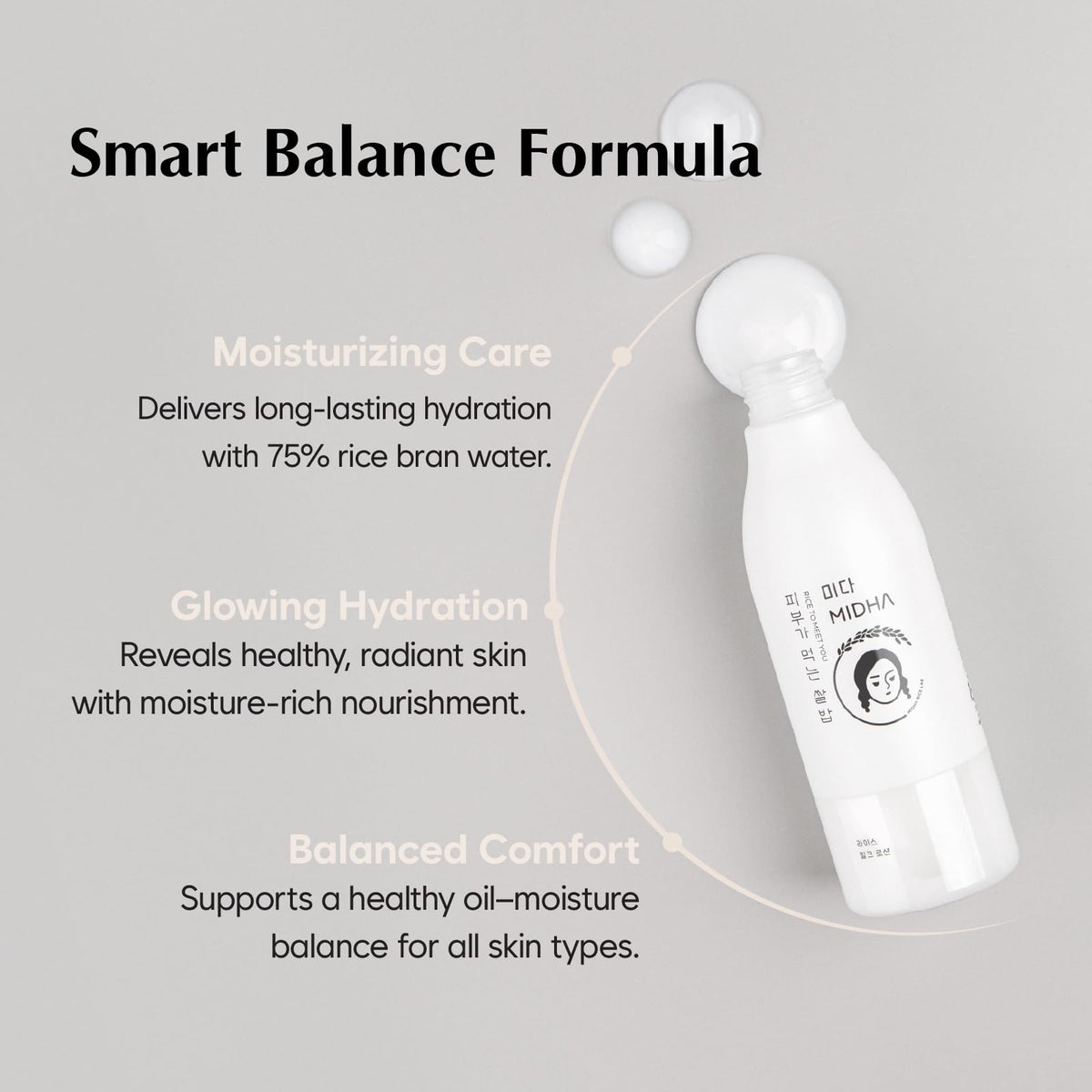 MIDHA lotion spread on skin, showing fast absorption and non-sticky finish
